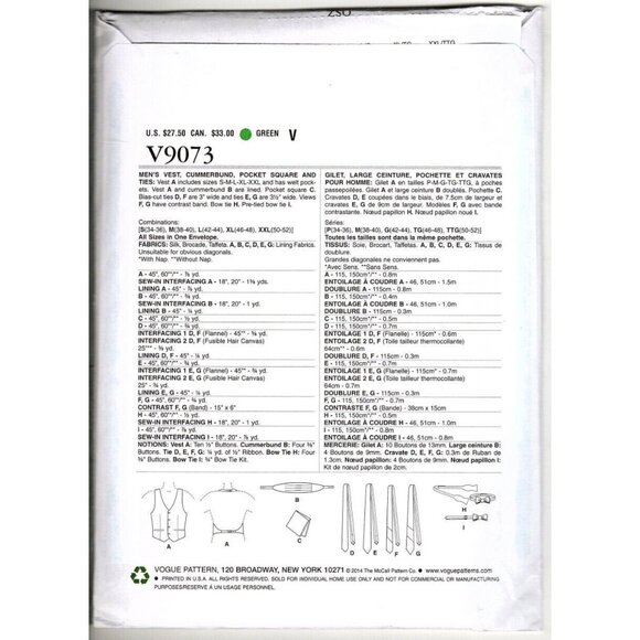 Vogue V9073 Mens Vest, Cummerbund, Ties, Pocket Square Uncut Sewing Pattern - Picture 2 of 6